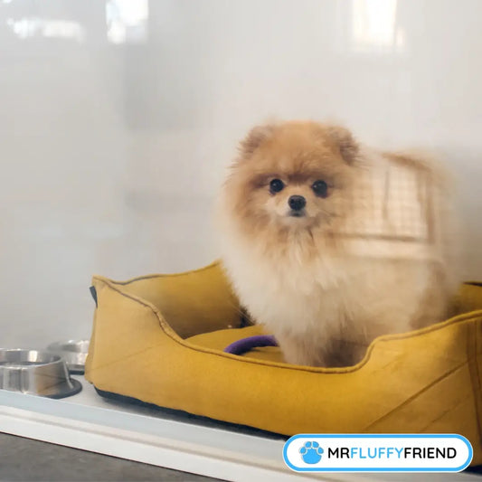 Image mise en avant pour le blog « Qu’est-ce qu’une pension pour chiens ? Garde de fin d’année sans stress » avec un petit chien duveteux dans un box vitré