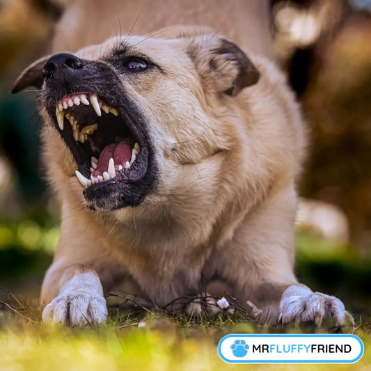 Un chien la gueule ouverte, en train d’aboyer, qui peut sembler un peu agressif