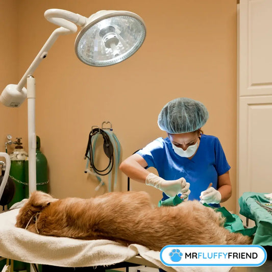 Image à la une pour un blog : « Faut-il faire opérer son chien âgé ?  » avec un vétérinaire en tenue bleue et masque effectuant une opération sur un chien